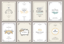 Vintage Creative Cards Template With Beautiful Flourishes Ornament Elements. Elegant Design For Corporate Identity, Invitation, Book Covers. Design Of Background Products.