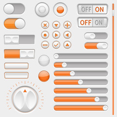 Set of white and orange interface navigation buttons, sliders