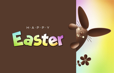 Wall Mural - happy easter, chocolate funny bunny showing the sign with text on colorful background, gift card banner template with copy space