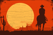 Silhouette Of Cowboy Riding Horses At Sunset, Vector