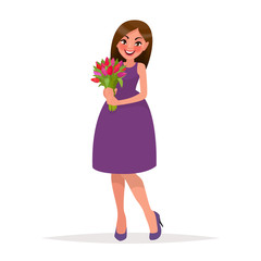 Wall Mural - Beautiful woman with a bouquet of flowers. Vector illustration in cartoon style