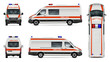 Ambulance car vector mock-up. Isolated template of medical van on white. Vehicle branding mockup. Side, front, back, top view. All elements in the groups on separate layers. Easy to edit and recolor.