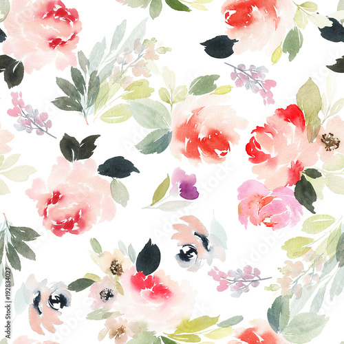 Seamless summer pattern with watercolor flowers handmade.