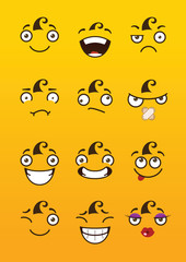 Funny cartoon comic faces on yellow background. Vector illustration.