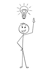 Poster - Cartoon stick man drawing conceptual illustration of businessman with light bulb above head. Business concept of idea, solution and imagination.