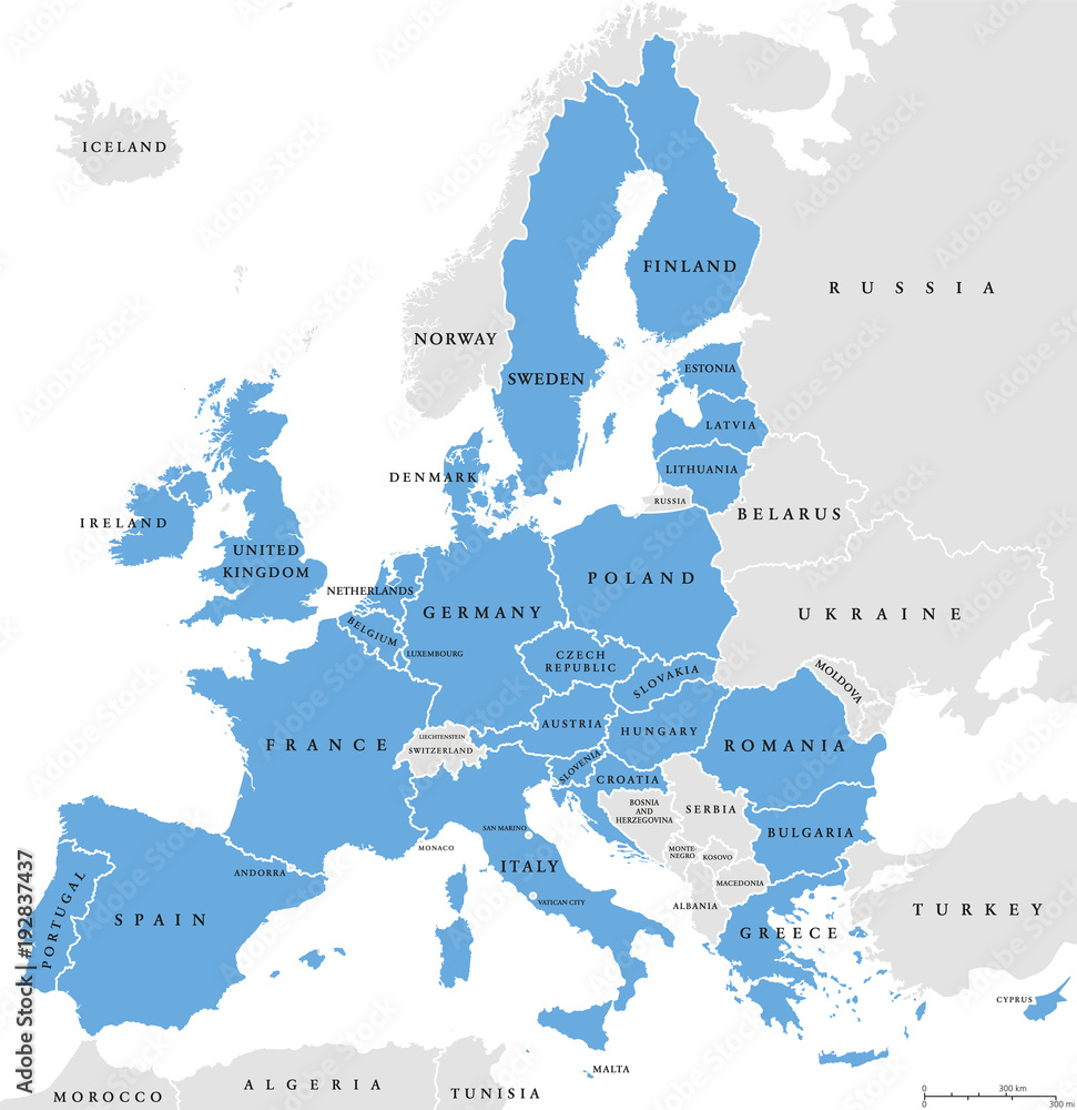 European Union countries. English labeling. Political map with borders and country names. 28 EU members, colored in light blue. Political and economic union in Europe. Illustration over white. Vector. - obrazy, fototapety, plakaty 