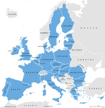 European Union Countries. English Labeling. Political Map With Borders And Country Names. 28 EU Members, Colored In Light Blue. Political And Economic Union In Europe. Illustration Over White. Vector.