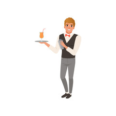 Sticker - Cheerful bartender holding a tray with alcohol drink, barman character mixing a cocktail drink in shaker cartoon vector Illustration on a white background