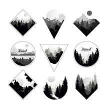 Set Of Monochrome Landscapes In Geometric Shapes Circle, Triangle, Rhombus. Natural Sceneries With Wild Pine Forests. Flat Vector For Company Logo Or Camping Logo