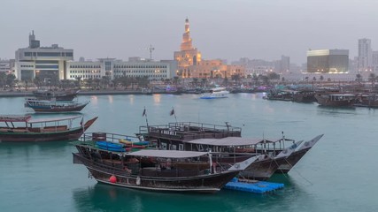 Poster - Evening at Doha Bay day to night timelapse with Traditional Wooden Dhow Fishing Boats.