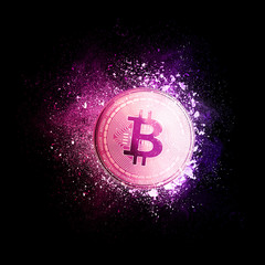 Wall Mural - Bitcoin coin symbol flying in violet particles isolated on black background. Global cryptocurrency and ICO initial coin offering business banner concept.