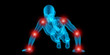 Very detailed 3D illustration of a translucent body of a man doing a push up and having pain in his joints