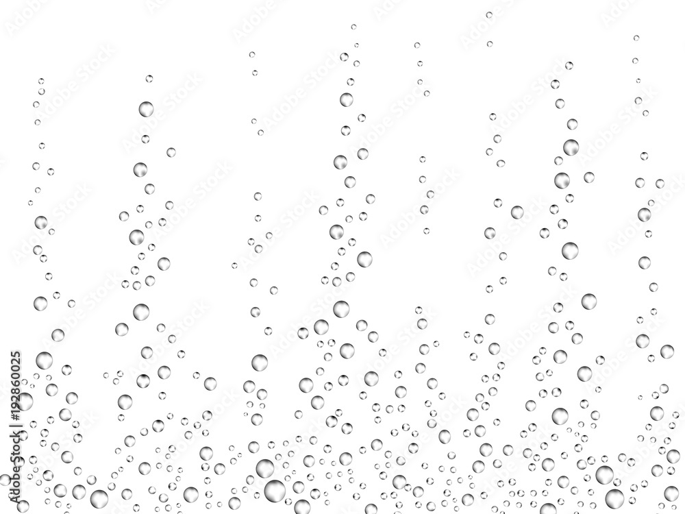 Fizzing air bubbles on white background. Underwater oxygen texture of water or drink. Fizzy bubbles in soda water, champagne, sparkling wine, lemonade, aquarium, sea, ocean. Realistic 3d illustration. - obrazy, fototapety, plakaty 