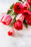 Fototapeta Tulipany - Bunch of spring tulip flower on a stone or slate background with copy space.