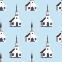 Wall Mural - Cathedral church temple traditional building seamless pattern. Architecture of modern urban chapel. Exterior facade of church of christian religion. Building with cross. Vector icon in flat design