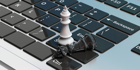 Poster - White chess king standing, black king down broken, on a computer. 3d illustration