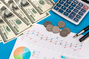 business chart with pen, calculator and dollar