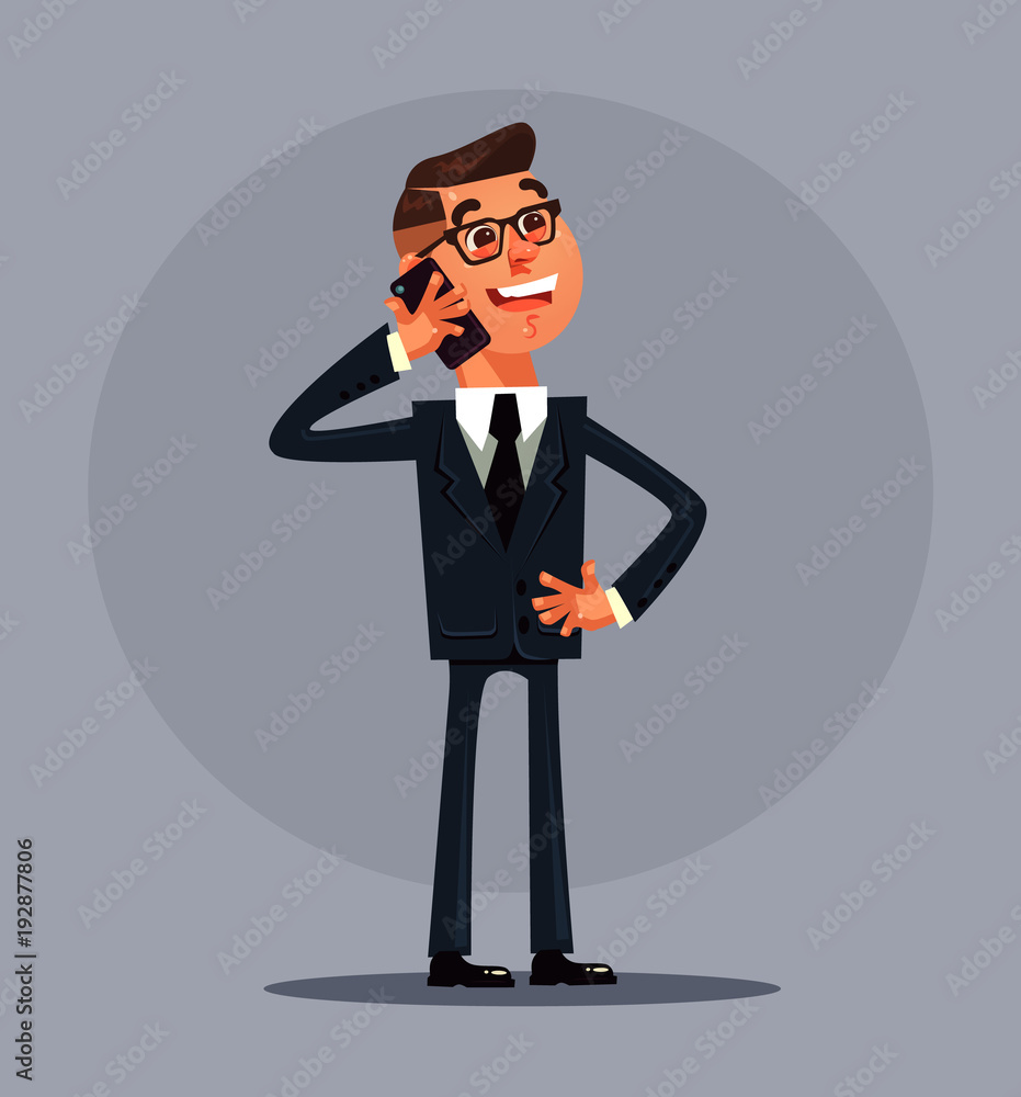 Business man office worker character talk phone. Vector flat cartoon illustration