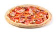 © Tseytlin - Meat pizza: chorizo, ham, bacon and gray tomatoes on a clean white background. Side view. Isolated.