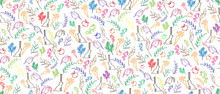 Seamless Pattern With Cartoon Characters. Seamless Pattern Children's Hand Drawing Cute Bunny Rabbit And Bird, Floral Elements On White Background For Kids Fabric, Textile, Wrapping Paper. Vector AI10
