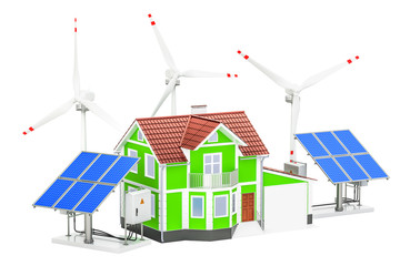 Wall Mural - House with solar panels and wind turbines. Renewable energy concept, 3D rendering