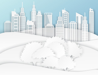 Poster - White paper skyscrapers and trees. Achitectural building in panoramic view. Modern city skyline building industrial paper art landscape skyscraper offices, city park. Ecology idea. Vector Illustration