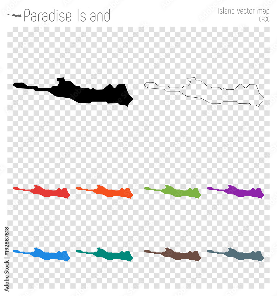 Paradise Island high detailed map. Island silhouette icon. Isolated Paradise Island black map outline. Vector illustration.