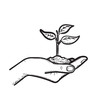 Human hand holding handful of soil with young sprout sketch icon for web, mobile and infographics. Hand drawn sprout vector icon isolated on white background.