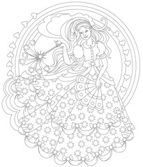 Wall Mural - Black and white page for coloring. Fantasy drawing of beautiful fairy holding magic wand. Worksheet for children and adults. Vector image.