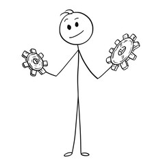 Poster - Cartoon stick man drawing conceptual illustration of businessman looking at two cogwheels. Business concept of problem solving and solution.