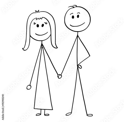 Cartoon stick man drawing illustration of happy couple of man and woman