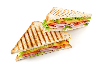 Wall Mural - Sandwich with ham, cheese, tomatoes, lettuce, and toasted bread. Above view isolated on white background.