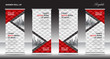 © ganpanjanee - Red Roll Up Banner template vector illustration, polygon background, stand design, display, advertisement, x-banner, j-flag, pull up, business flyer layout, printing media for exhibition, events