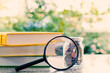 Books and money coins in the glass jar zoomed by the magnifying glass on blurred natural green background and added colour filter for financial and education concept
