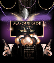 MASQUERADE PARTY INVITATION CARD WITH CARNIVAL PARTY DECO OBJECTS. VECTOR ILLUSTRATION