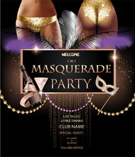 MASQUERADE PARTY INVITATION CARD WITH PARTY DECO OBJECTS, YOUNG WOMEN IN GOLDEN PANTIES. VECTOR ILLUSTRATION