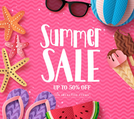 Wall Mural - Summer sale vector background template with paper cut beach elements and sale text in pink pattern background for summer seasonal discount promotion. Vector illustration.
