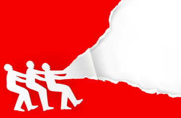 Team work torn paper background concept. 
Three male silhouettes ripping red paper background. Vector available.