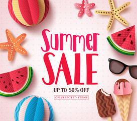 Summer sale vector banner design with sale text and beach paper cut colorful elements in white pattern background for summer seasonal discount promotion. Vector illustration.
