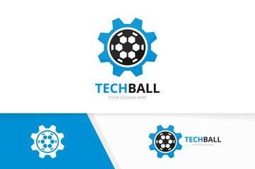 Vector soccer and gear logo combination. Ball and mechanic symbol or icon. Unique football and industrial logotype design template.