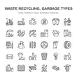 Recycling flat line icons. Pollution, recycle plant. Garbage sorting types - paper, glass, plastic, metal, flammable trash. Thin linear signs for waste management. Pixel perfect 64x64.
