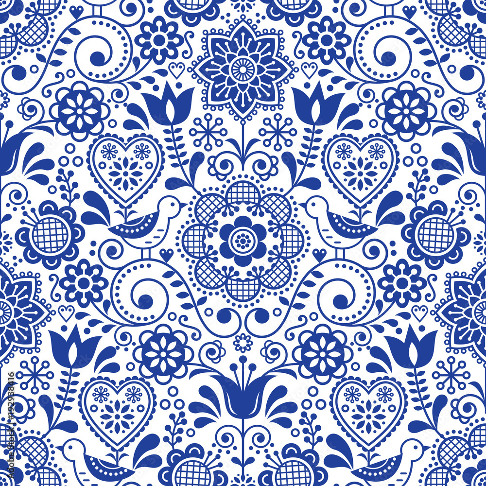 Seamless folk art vector pattern with birds and flowers, Scandinavian navy blue repetitive floral design - obrazy, fototapety, plakaty 