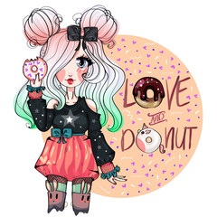 Wall Mural - Cute little girl with donut, teen loves sweet dessert, confectionery bakery cafe sweet shop, anime style cartoon character comic girl portrait, vector illustration