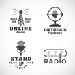 © createvil - Online Radio and Microphone Abstract Vector Emblems Set. Broadcast Tower, Podcast or Stand Up Comedy Microphone Signs or Logo Templates. Radio Scale and On the Air Symbols.