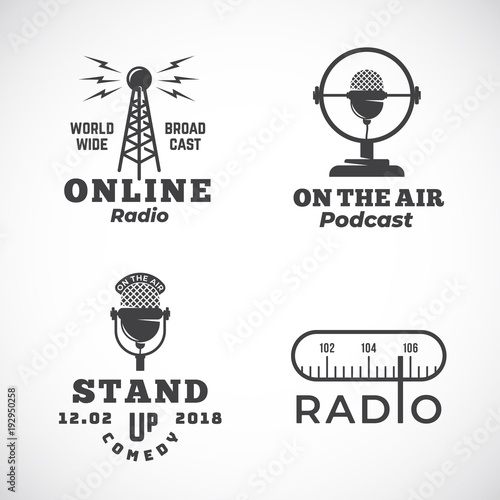 Cuadros en Lienzo Online Radio and Microphone Abstract Vector Emblems Set