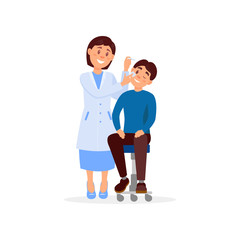 Wall Mural - Careful doctor treats eye of young man using eye-drops. Professional at work. Medical treatment and healthcare concept. Cartoon woman in white uniform. Flat vector design