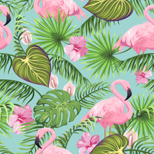 Seamless Pattern With Tropical Leaves, Exotic Flowers And Flamingo 