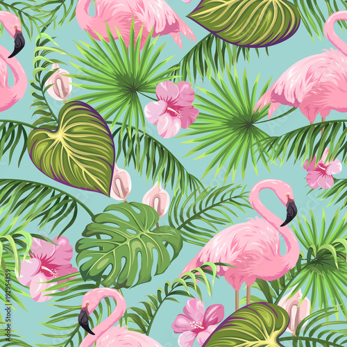 Dekoracja na wymiar  wzor-z-tropikalnymi-liscmi-egzotycznymi-kwiatami-i-flamingiem