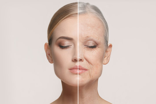 comparison. portrait of beautiful woman with problem and clean skin, aging and youth concept, beauty