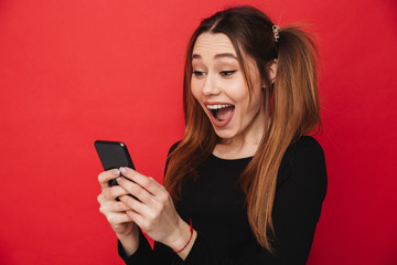 Poster - Cute excited screaming lady chatting by mobile phone.